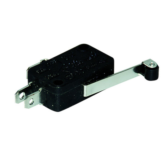 Microswitch a levetta con rotella ON-ON 5A 250Vac con terminali Faston, corpo in termoplastica e leva di rilevamento