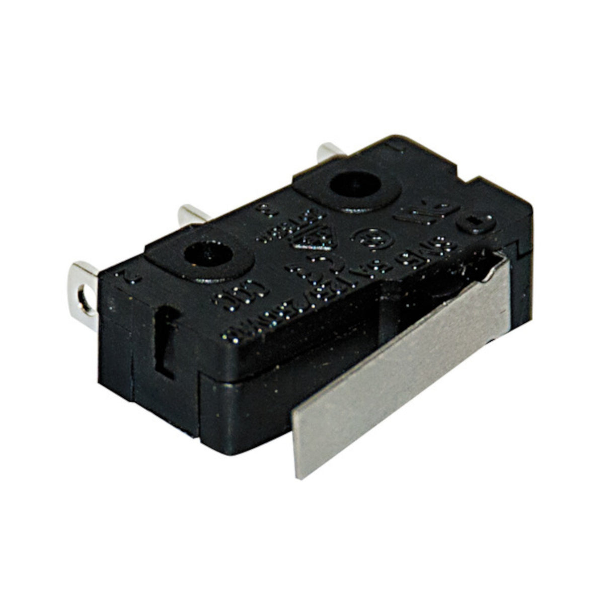 Microswitch finecorsa a leva corta SPDT 3 pin per circuito stampato PCB, vista assonometrica su sfondo bianco.