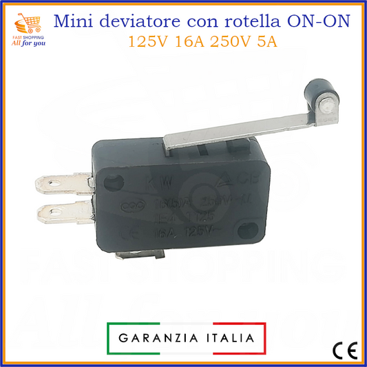 Deviatore miniatura a leva con rotella ON-ON, microswitch 250V 5A, vista principale