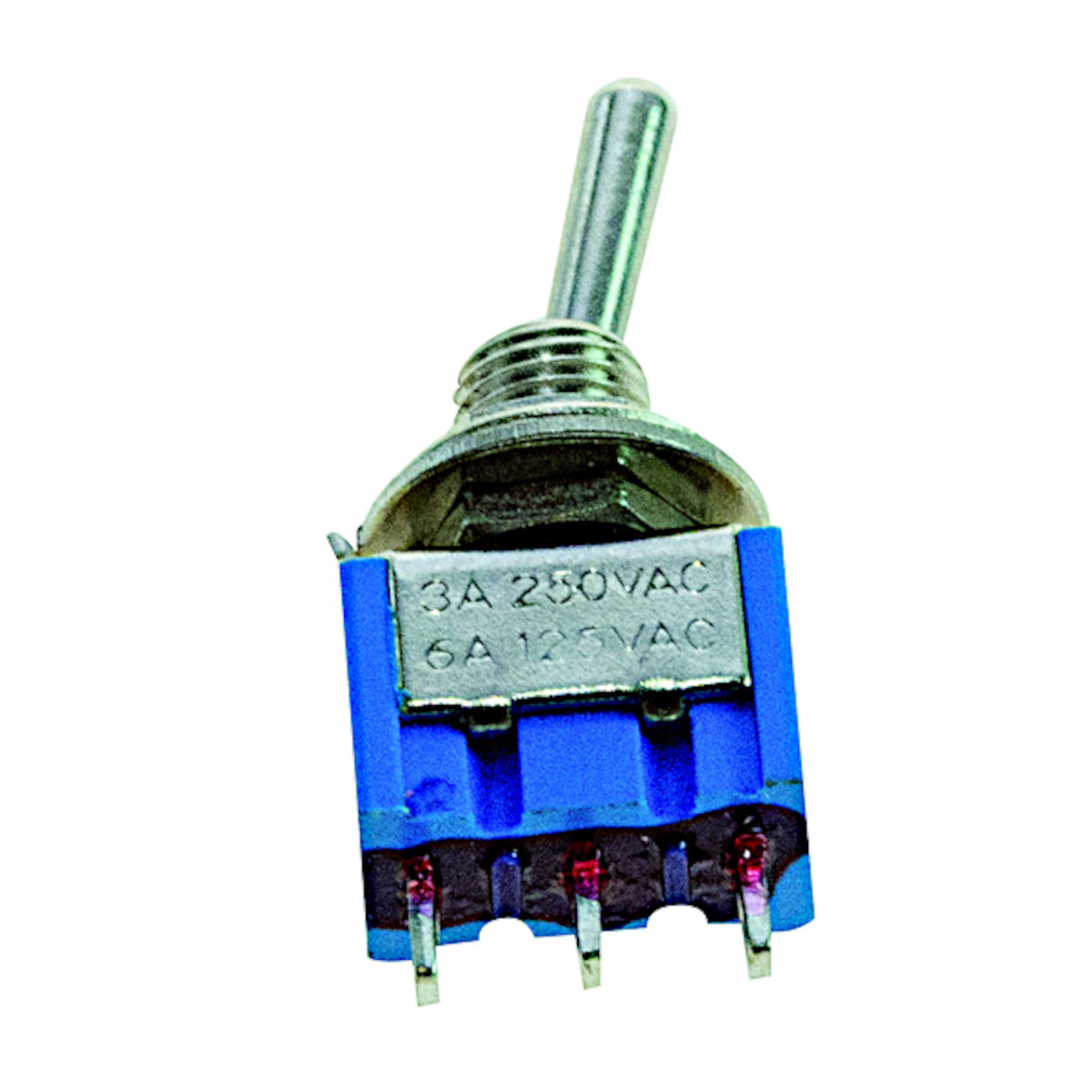 Mini deviatore a levetta ON-ON unipolare 3 pin con terminali a saldare, corpo blu e resina ignifuga UL 90 VO
