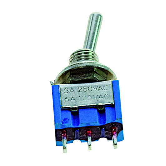 Mini deviatore a levetta ON-ON unipolare 3 pin con terminali a saldare, corpo blu e resina ignifuga UL 90 VO