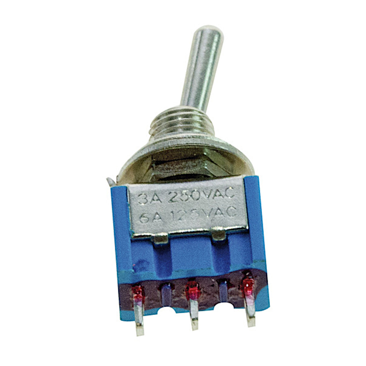 Mini deviatore a levetta ON-(ON) momentaneo unipolare 3 pin con terminali a saldare, corpo blu e resina ignifuga UL 90 VO