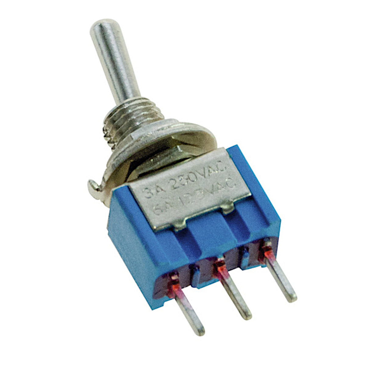 Mini deviatore a levetta ON-ON unipolare 3 pin per montaggio su circuito stampato PCB con corpo blu e terminali passanti