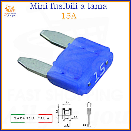 Mini fusibile a lama 15A blu da 11,2mm per impianti elettrici auto, moto e camper