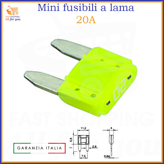 Mini fusibile a lama 20A giallo da 11,2mm per auto, moto, camper e camion