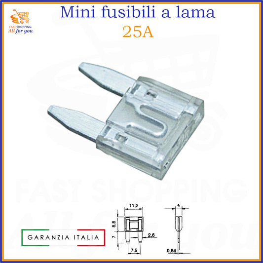 Mini fusibile a lama 25A trasparente da 11,2mm per auto, moto, camper e camion