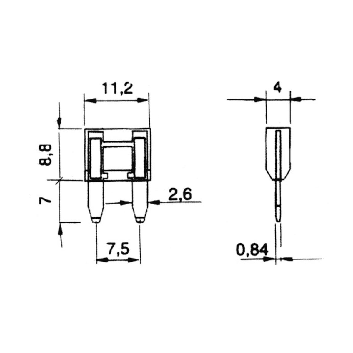 Schema tecnico quotato con dimensioni fisiche e interasse pin per mini fusibile a lama 30A