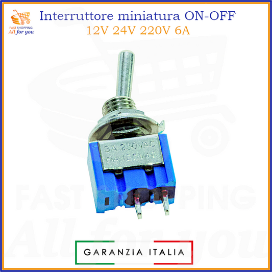Mini interruttore a levetta ON-OFF unipolare con terminali a saldare, 6A 125Vac (3A 250Vac), compatibile con 12V 24V 220V.