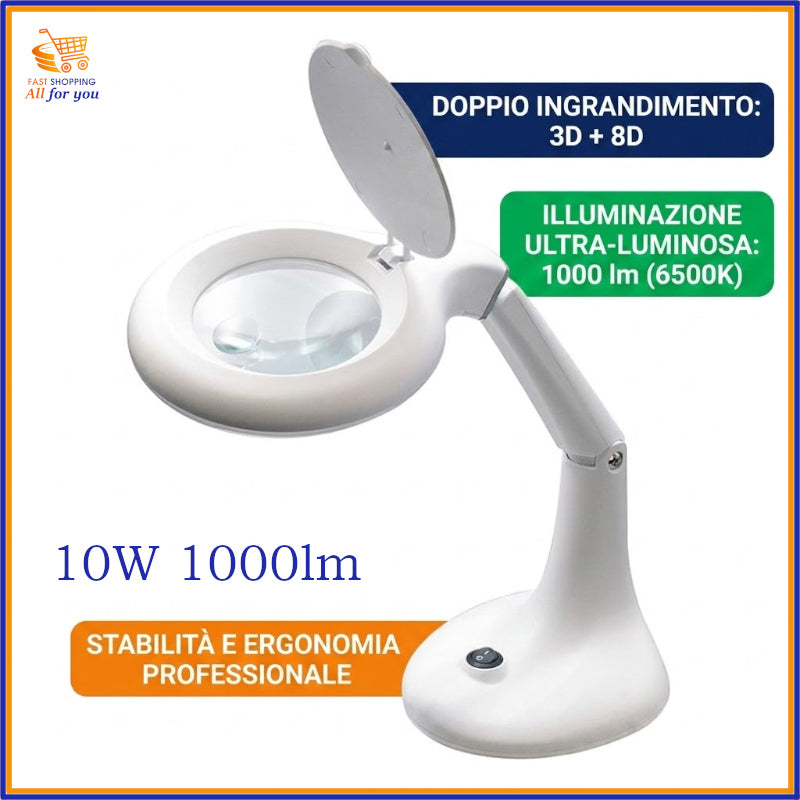 Lampada da tavolo bianca con lente di ingrandimento 3+8 diottrie e luce LED 1000 lumen.