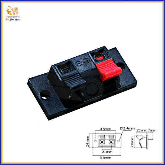 Morsettiera rettangolare nera a 2 poli polarizzati per altoparlanti, con pulsanti a molla, fori di fissaggio e terminali a saldare/faston. Dimensioni 55x24x30mm e interasse 45mm.