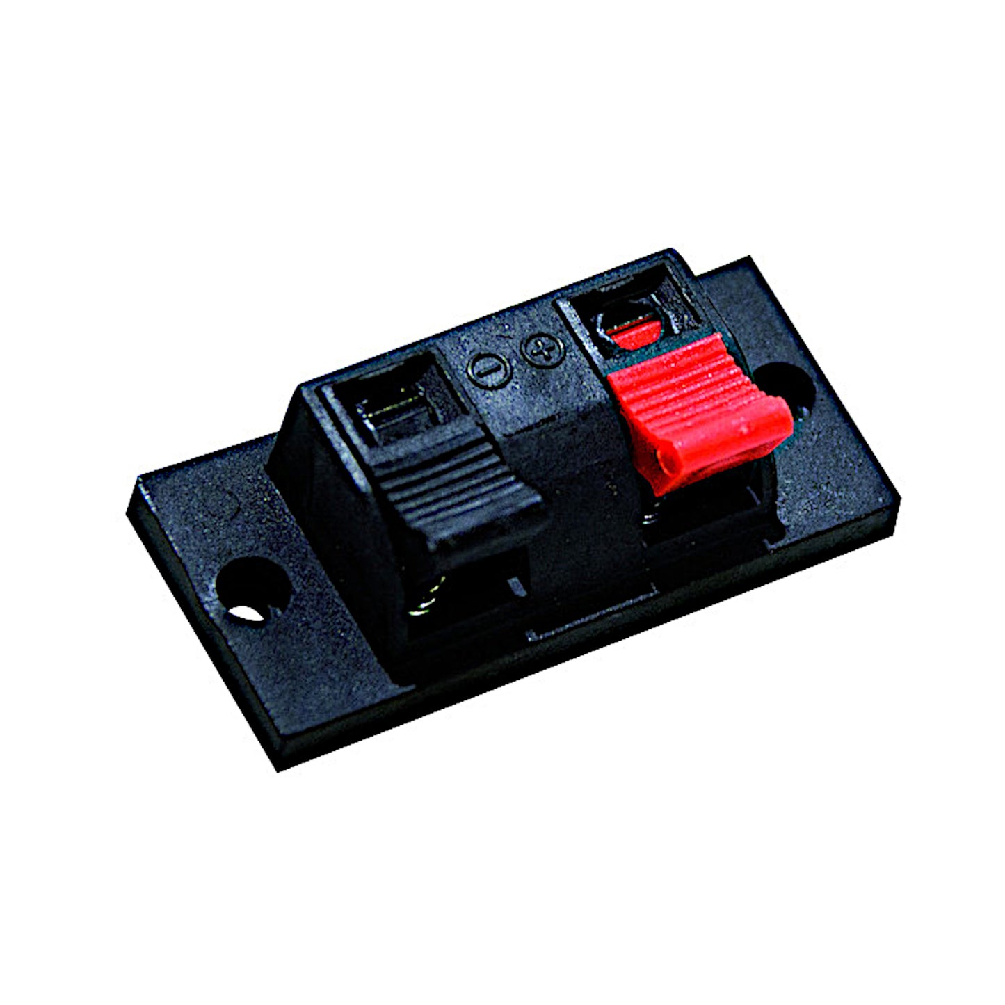 Morsettiera a 2 poli rettangolare da pannello con terminali a molla nero/rosso, ideale per casse acustiche e amplificatori audio.