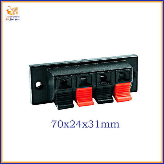 Morsettiera rettangolare nera a 4 poli polarizzati per altoparlanti, con pulsanti a molla, fori di fissaggio e terminali a saldare/faston. Dimensioni 70x24x31mm.
