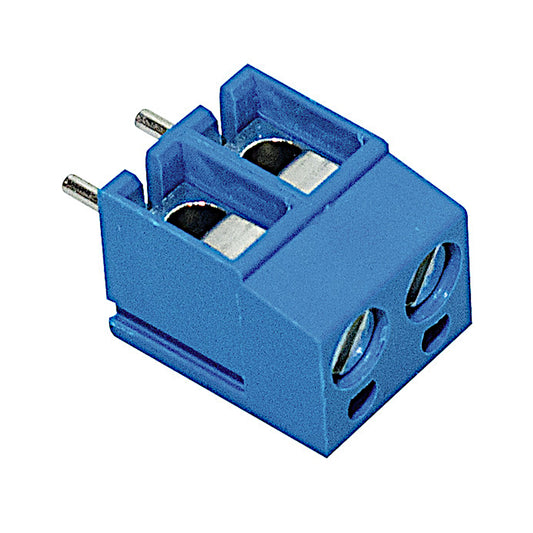 Morsetto a vite per circuito stampato PCB a 2 poli con passo da 5mm, colore blu, 15A e 300V, ideale per connessioni elettroniche sicure.