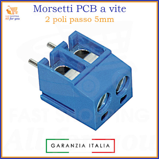 Morsetto a vite blu per circuito stampato, 2 poli con passo di 5mm, vista in prospettiva con viti visibili.