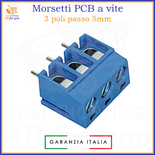 Morsetto a vite blu per circuito stampato, con 3 poli e passo di 5mm, vista in prospettiva.