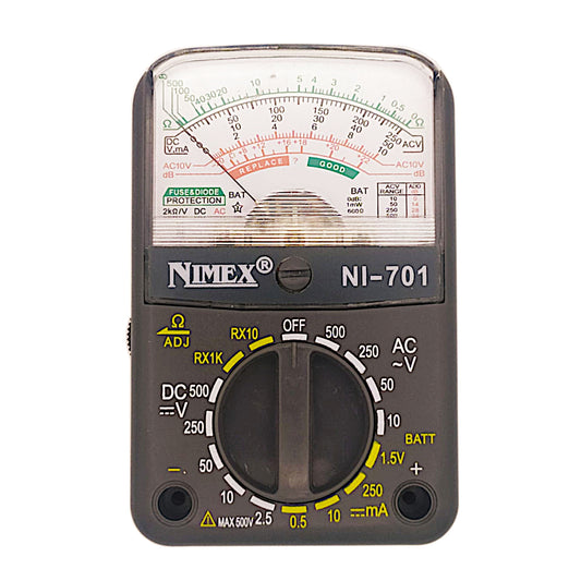 Multimetro analogico tascabile Nimex NI-701 con lettura a lancetta, ultra-compatto e leggero, ideale per misurazioni di tensione, corrente e resistenza.