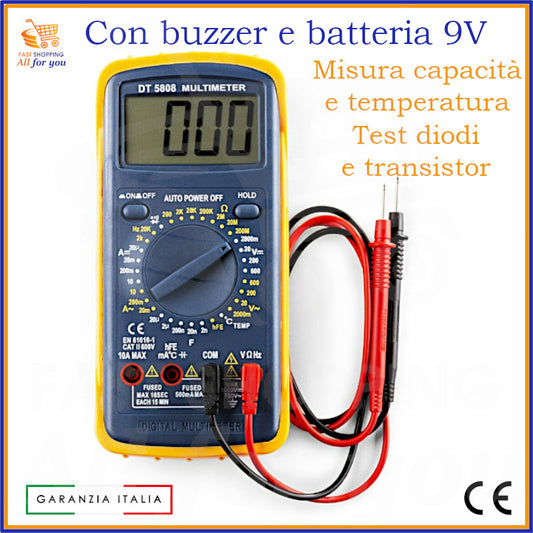 Multimetro digitale modello DT 5808, completo di puntali, con funzione buzzer e batteria da 9V inclusa. Misura capacità e temperatura, e testa diodi e transistor.