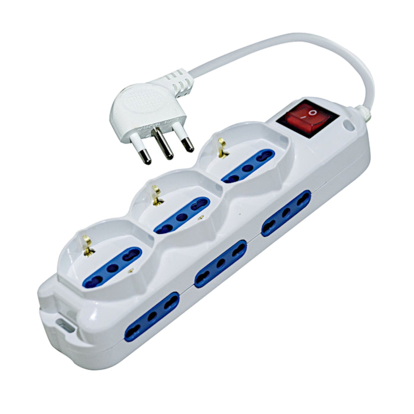 Multipresa bianca con 3 prese Schuko e 6 prese bipasso, interruttore luminoso generale, spina angolare a 90° da 16A e cavo da 1,5 metri.
