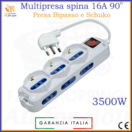 Multipresa elettrica bianca con 3 prese Schuko, 6 prese bipasso, spina angolare 16A, interruttore luminoso e cavo da 1,5m. Visibile la potenza di 3500W e la Garanzia Italia.