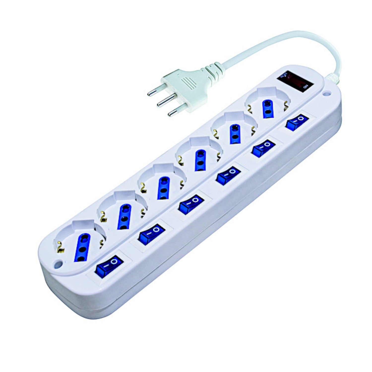 Multipresa bianca a 6 prese Schuko e bipasso con 6 interruttori individuali più interruttore master, cavo da 1,5 metri e protezione da sovraccarico.