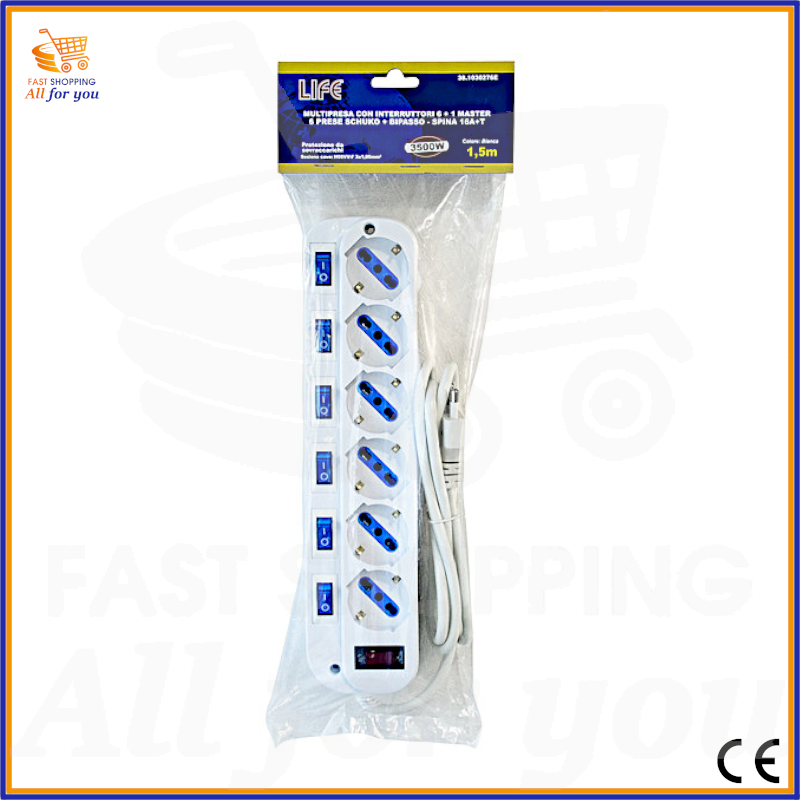 Confezione della multipresa elettrica LIFE con interruttore, 6 prese Schuko/bipasso, interruttore master, spina 16A, cavo 1,5m e sezione cavo 3x1.0mm².