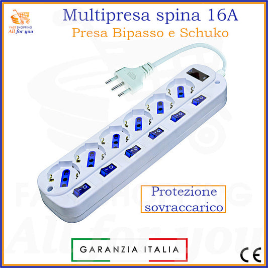 Multipresa elettrica bianca con 6 prese Schuko/bipasso, 6 interruttori individuali più 1 interruttore master, spina 16A, e protezione sovraccarico. Visibile la Garanzia Italia.