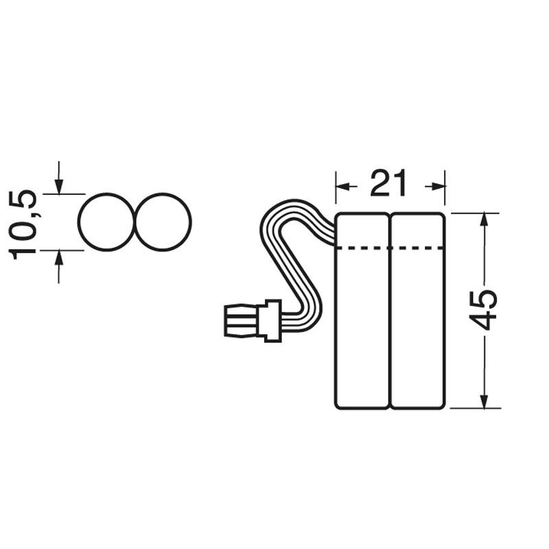 Schema tecnico con le dimensioni del pacco batteria ricaricabile Ni-Mh 2.4V 700mAh, mostrando altezza 45mm, larghezza 21mm e connettore JST.