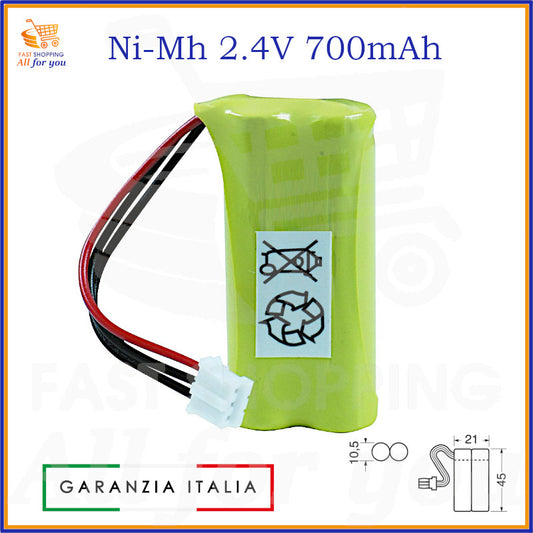 Pacco batterie ricaricabile Ni-Mh 2.4V 700mAh con connettore JST, composto da 2 pile AAA.