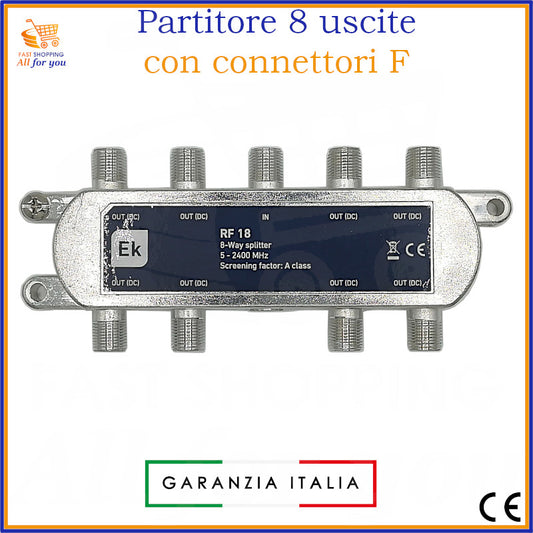 Partitore a 8 uscite con connettori F, schermatura classe A, passaggio DC, per impianti SAT e TV