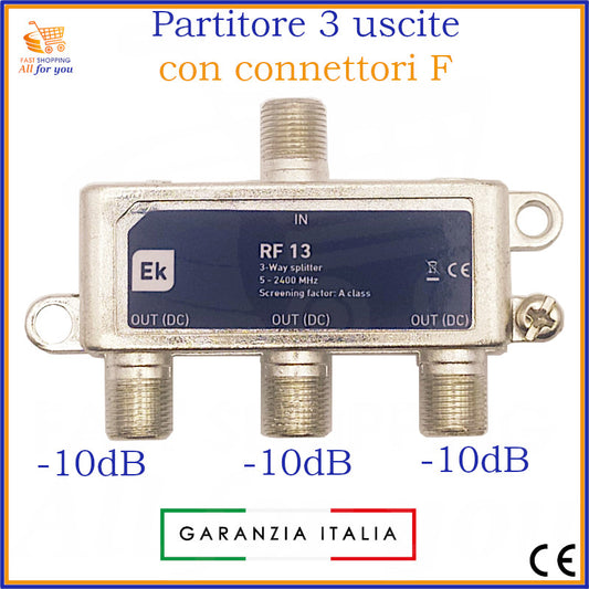 Partitore antenna 3 uscite con connettori F Classe A schermato 5-2400 MHz