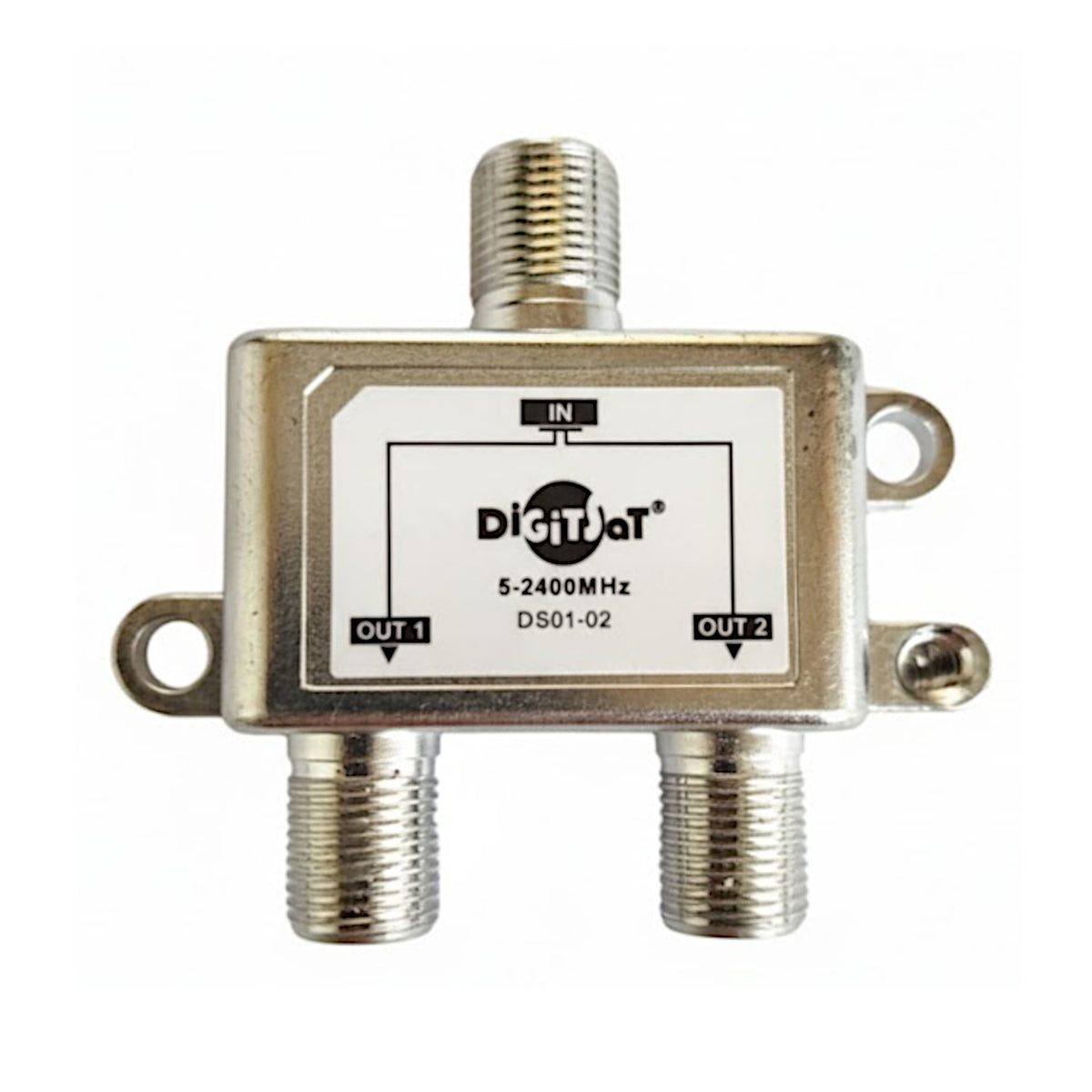 Partitore TV SAT 2 vie pressofuso in metallo 55x52x23mm con connettori F e passaggio DC MPN 55/06150-00 EAN 8029564138044