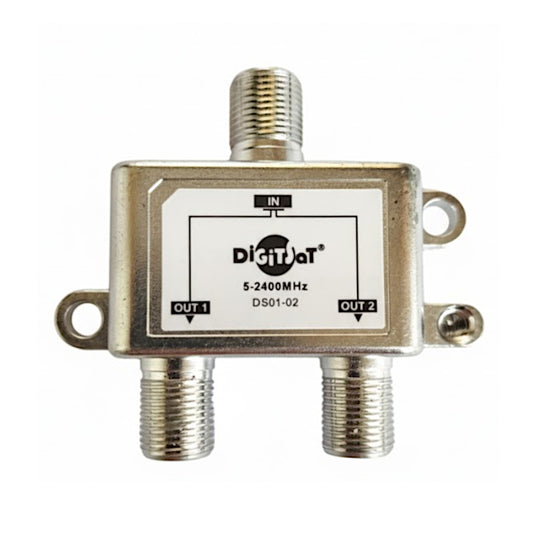 Partitore TV SAT 2 vie pressofuso in metallo 55x52x23mm con connettori F e passaggio DC MPN 55/06150-00 EAN 8029564138044