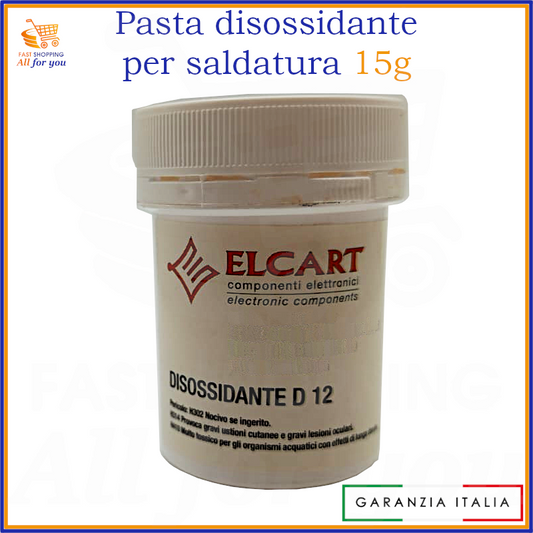Barattolo di pasta disossidante corrosiva per saldatura a stagno Elcart D 12 da 15g. Ideale per rimuovere ossidazioni prima della saldatura elettronica.