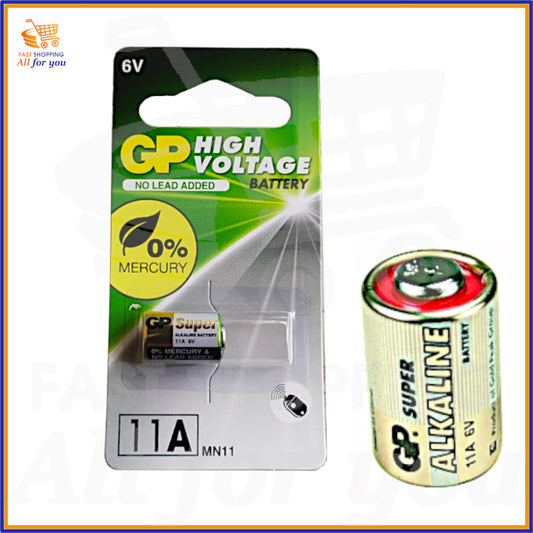 Pila alcalina GP Super High Voltage 11A 6V (MN11) in blister singolo, con l'indicazione 0% Mercury e No Lead Added. Ideale per telecomandi auto e antifurto.