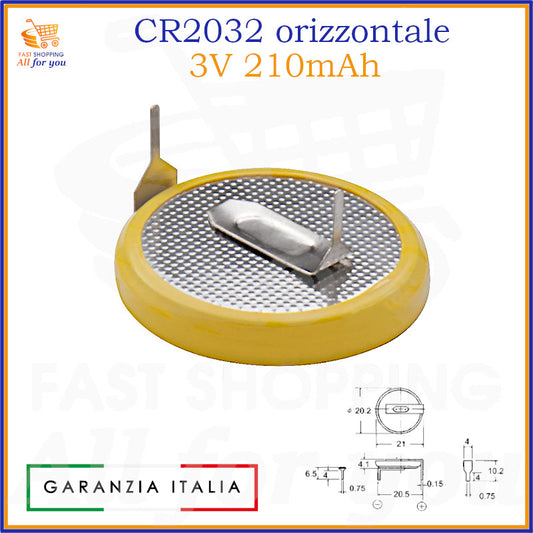Pila a bottone al litio CR2032 da 3V con terminali a saldare in configurazione orizzontale, per circuito stampato.