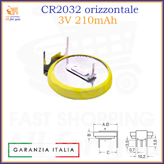 Pila a bottone al litio CR2032 da 3V e 210mAh, con terminali a saldare in configurazione orizzontale per circuiti stampati.