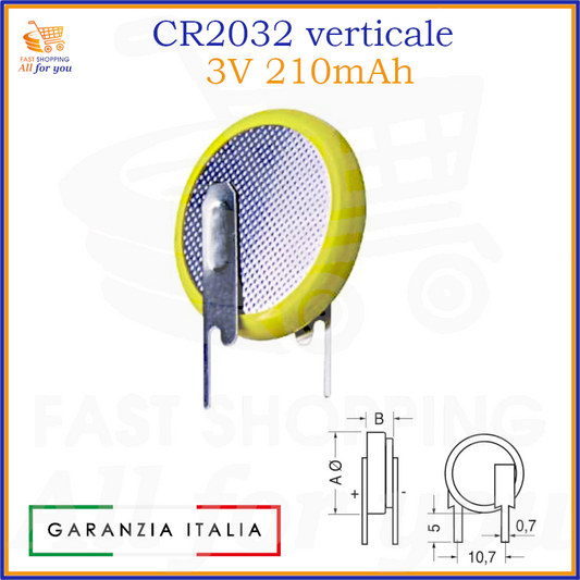 Pila a bottone al litio CR2032 da 3V con terminali a saldare in configurazione verticale, per circuito stampato.