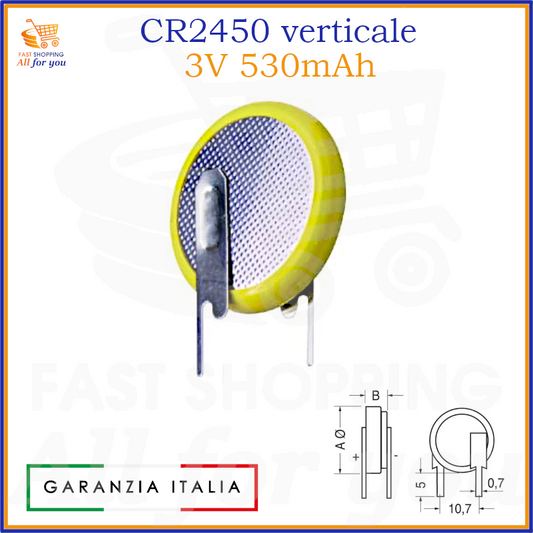 Pila a bottone al litio CR2450 da 3V e 530mAh, con terminali verticali per saldatura su circuito stampato.