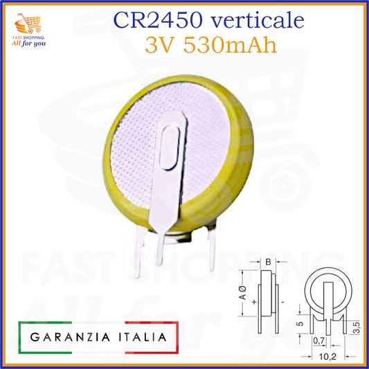 Pila a bottone al litio CR2450 da 3V, con terminali a saldare in configurazione verticale per circuito stampato.
