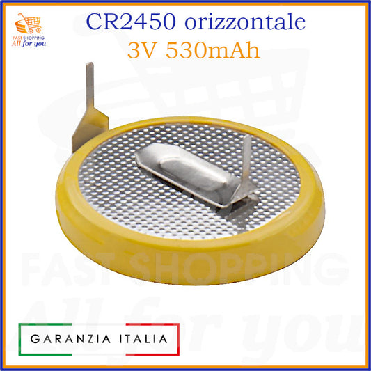 Pila a bottone al litio CR2450 da 3V e 530mAh, con terminali orizzontali per saldatura su circuito stampato.