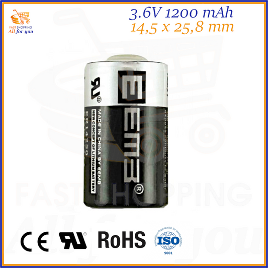 Pila al litio cloruro di tionile EEMB ER14250 da 3.6V e 1200mAh, nota anche come 1/2AA, per usi industriali e domotici.