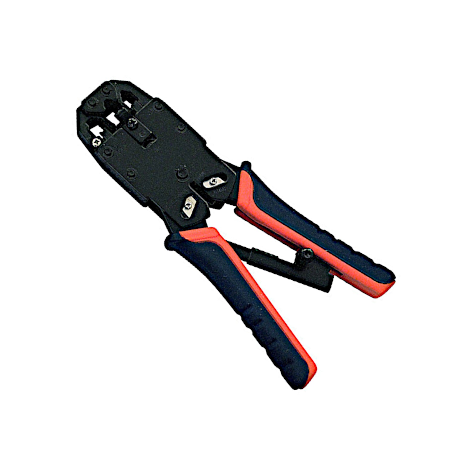Pinza crimpatrice professionale universale con cricchetto per connettori di rete RJ45 e telefonici RJ11/RJ12, dotata di taglierino e spelacavo integrati.