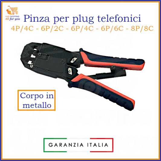 Pinza a crimpare professionale per connettori di rete e telefonici RJ45, RJ11, RJ12 con corpo in metallo e meccanismo a cricchetto.