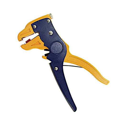 Pinza spelafili automatica professionale 2 in 1 con cutter e meccanismo autoregolante per cavi da 0,2mm² a 5,5mm², colore blu e giallo.