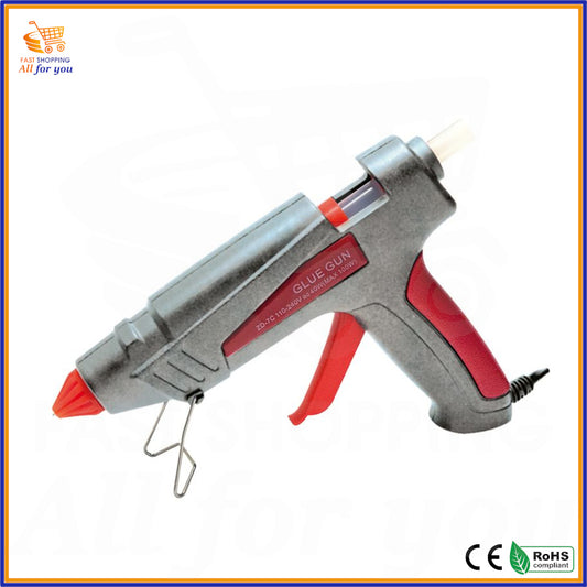 Pistola incollatrice elettronica grigia e rossa con grilletto ergonomico e supporto in metallo.