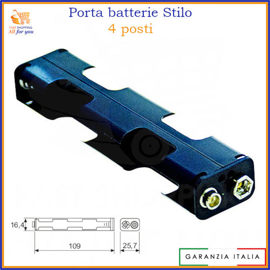 Portabatterie in plastica per quattro pile stilo AA, con terminali a bottone per connessione diretta.