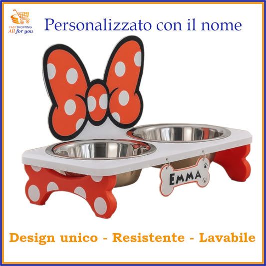 Supporto rialzato per ciotole in PETG, personalizzato con fiocco stile Minnie. Design unico e resistente per animali domestici.