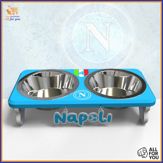Portaciotole Napoli 4 Scudetto in PETG blu, doppia ciotola con nome personalizzabile per cani o gatti
