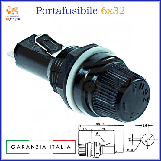 Portafusibile da pannello 6x32mm 250V 15A con tappo a vite per fusibili elettronici