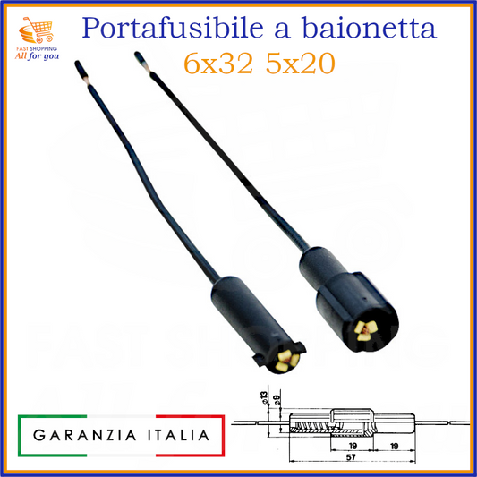 Portafusibile volante con cavi a baionetta per fusibili 5x20 e 6x32 da 10A